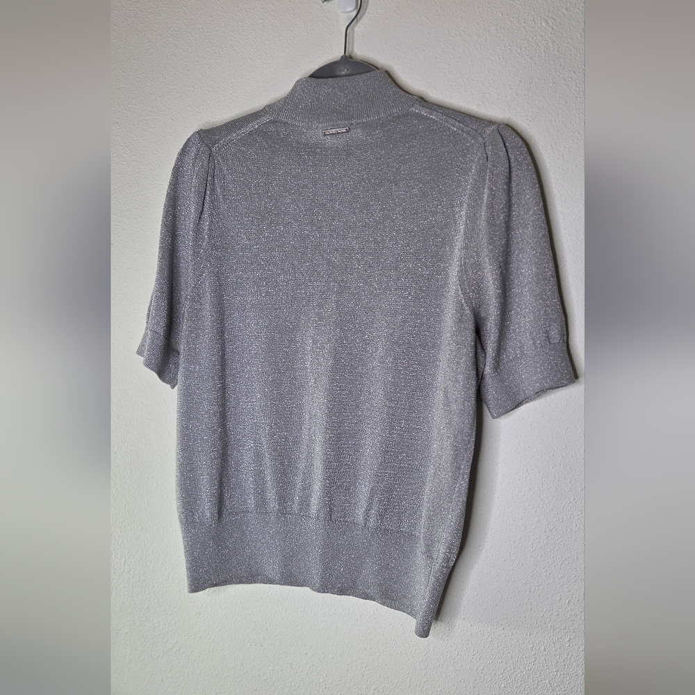 Michael Kors Metallic Silver Mock Neck Short-Sleeve Sweater - Size Large - Picture 13 of 15